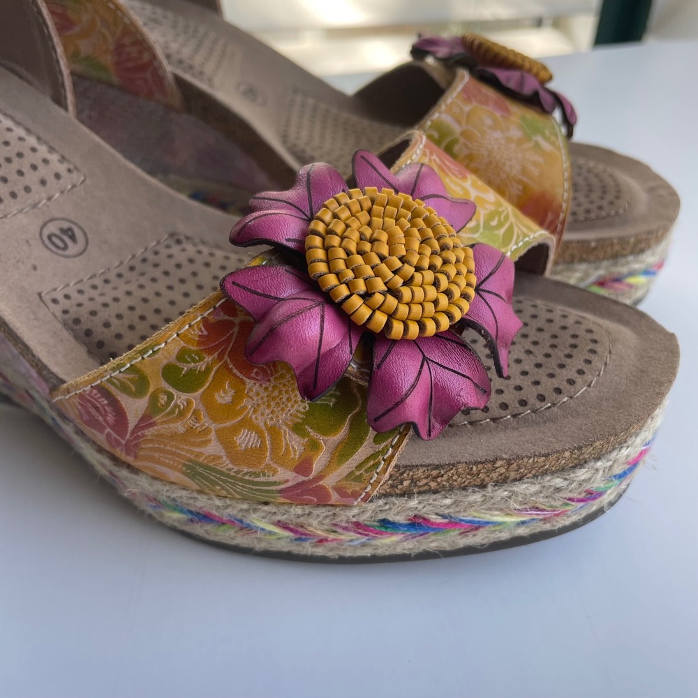 L'ATISTE Yellow Floral Leather Wedge Sandals with Pink Flower Accent - Picture 6 of 12